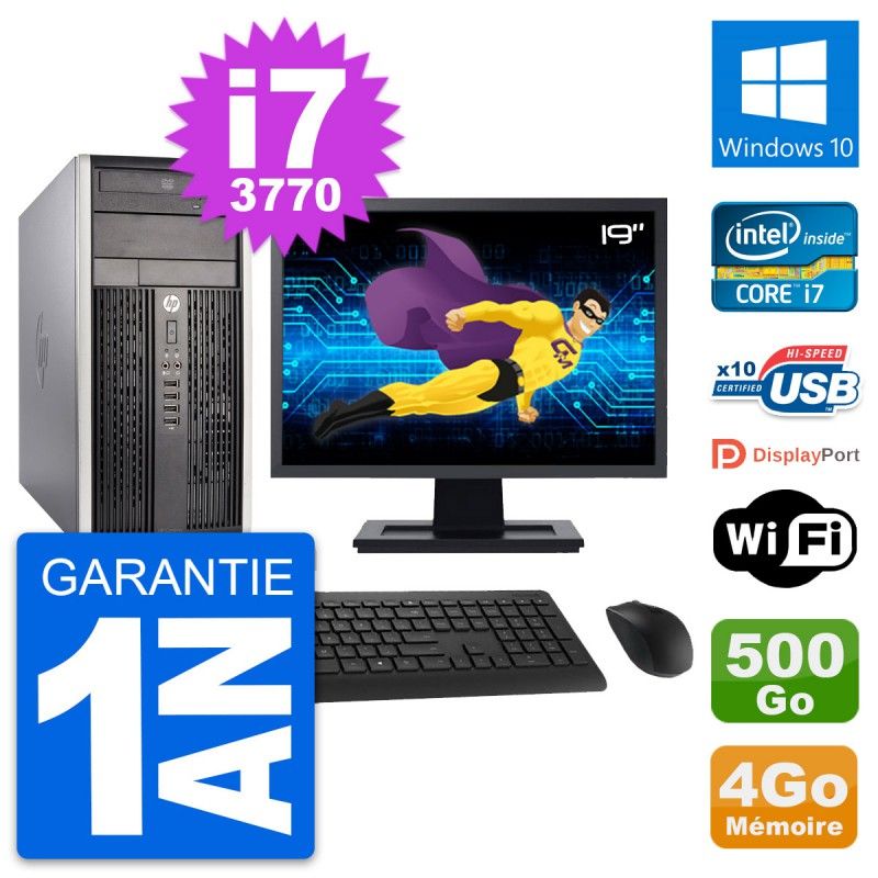 Ordinateur de bureau HP Compaq Pro 6300 CMT - Écran 19'', Intel Core i7-3770, 4 Go de RAM, 500 Go HDD, Windows 10, Wi-Fi