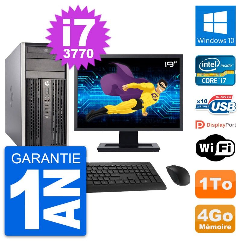Ordinateur de bureau HP Compaq Pro 6300 CMT - Écran 19'', Intel Core i7-3770, 4 Go de RAM, 1 To HDD, Windows 10, Wi-Fi