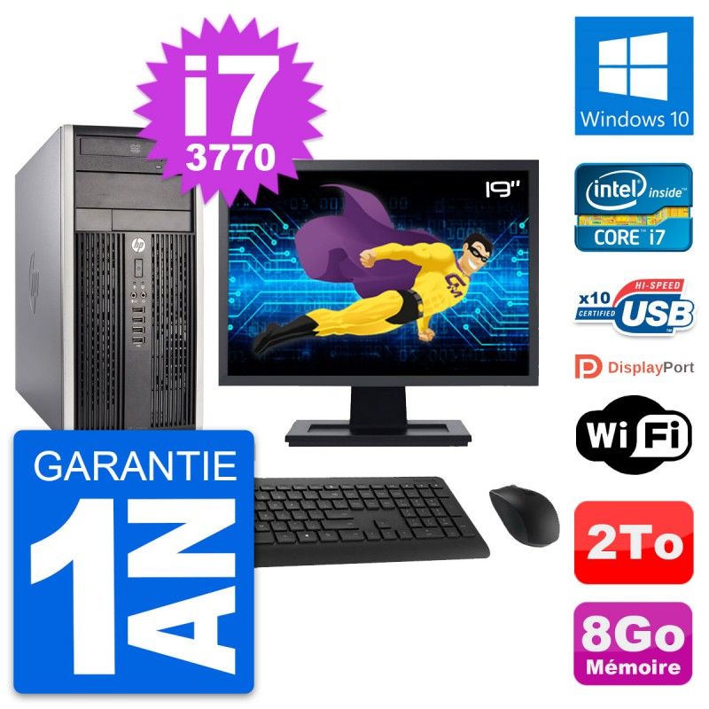 Ordinateur de bureau HP Compaq Pro 6300 CMT - Écran 19', i7-3770, 8 Go de RAM, 2 To HDD, Windows 10, Wifi