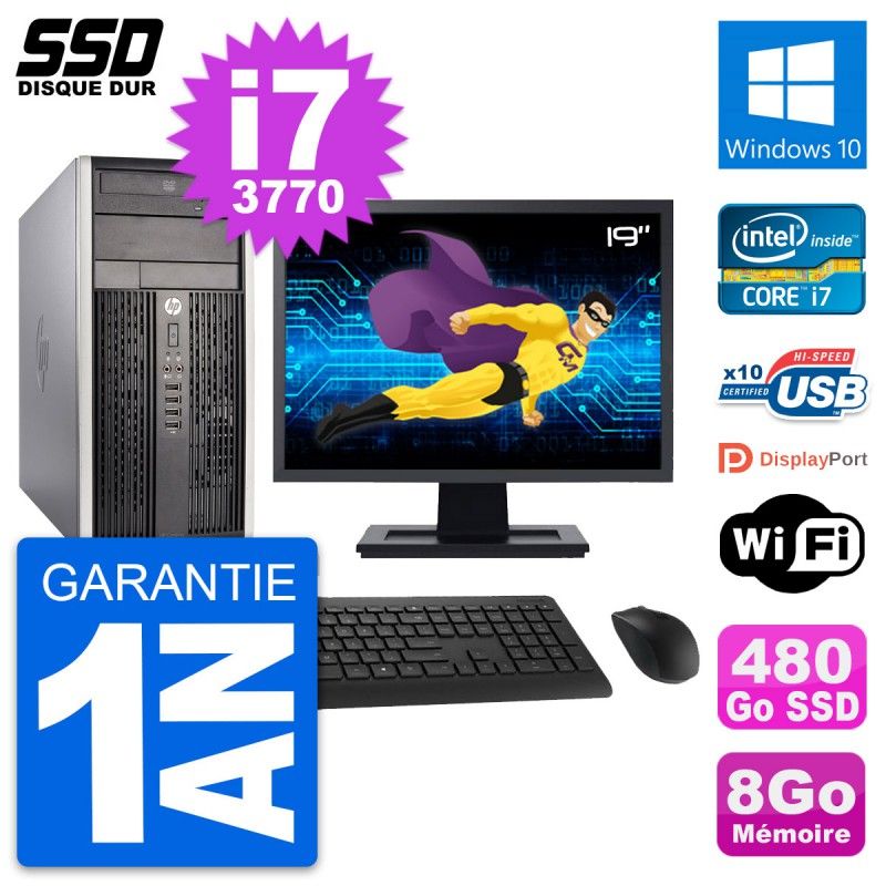 HP Compaq Pro 6300 CMT Mini PC - 19" Screen, Intel i7-3770, 8GB RAM, 480GB SSD, Windows 10, WiFi