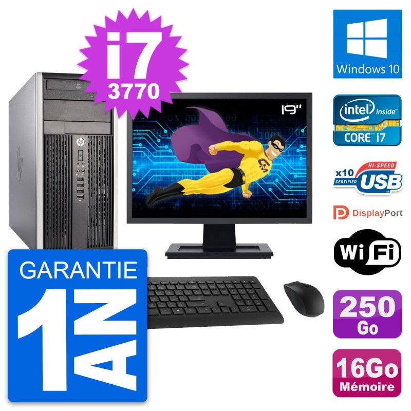 Ordinateur de bureau HP Compaq Pro 6300 CMT - Écran 19", processeur Intel Core i7-3770, 16 Go de RAM, disque dur 250 Go, Windows 10, WiFi