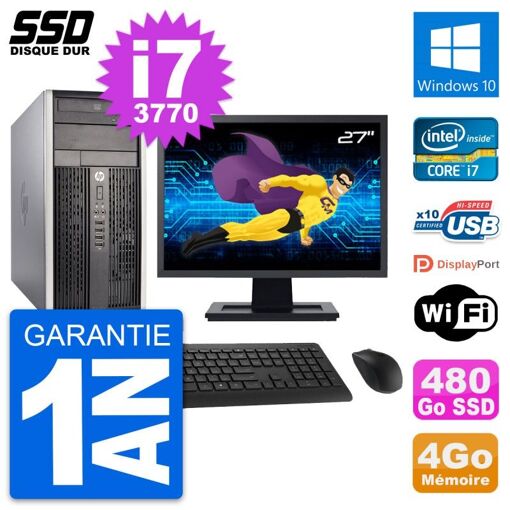 PC de escritorio HP Compaq Pro 6300 CMT - Pantalla de 27'', Intel i7-3770, 4 GB de RAM, 480 GB SSD, Windows 10, WiFi
