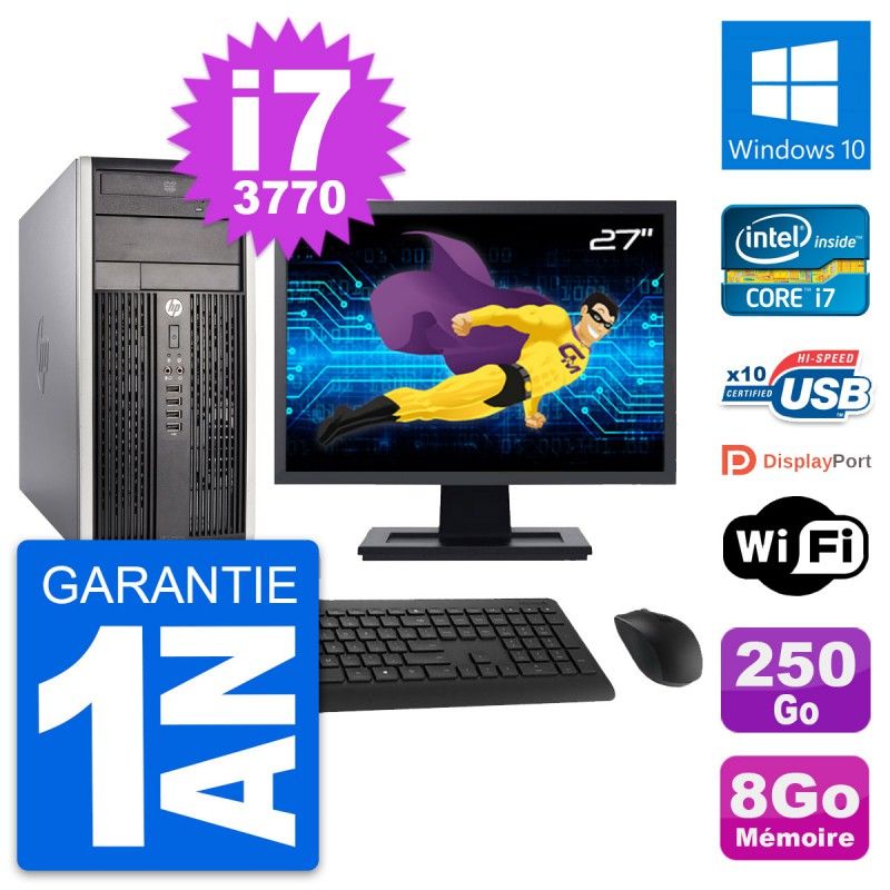 Ordinateur de bureau HP Compaq Pro 6300 CMT - Écran 27'', Intel Core i7-3770, 8 Go RAM, 250 Go HDD, Windows 10, Wi-Fi
