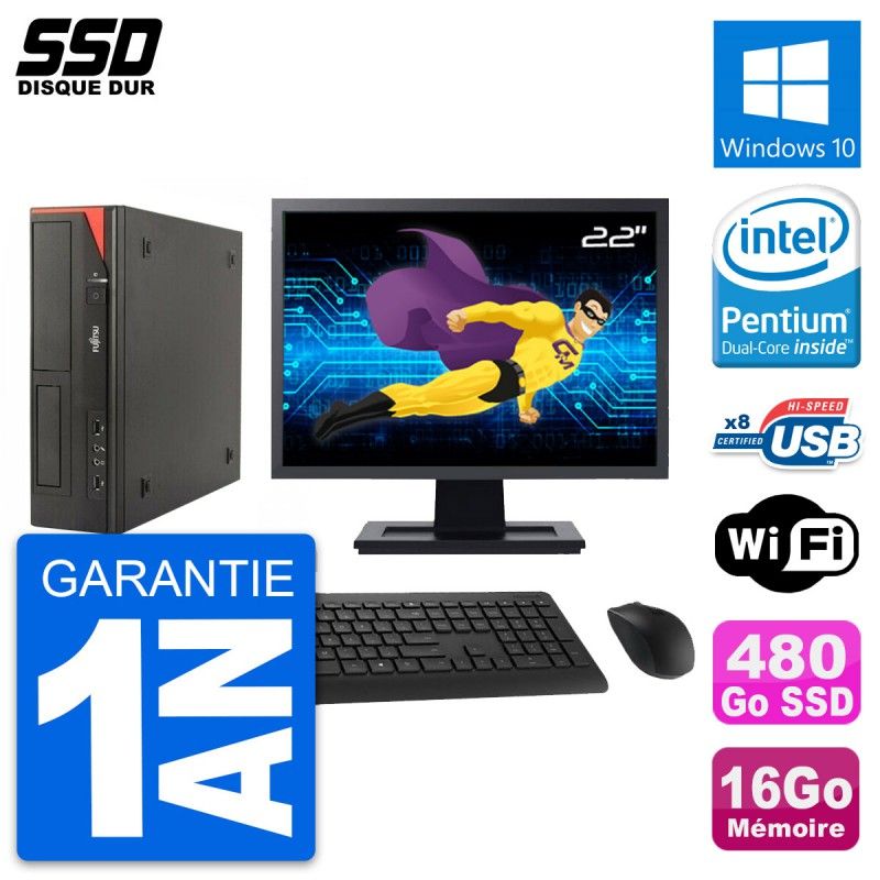Fujitsu E520 E85+ DT 22" Screen Intel G3220 16GB RAM 480GB SSD Windows 10 WiFi Desktop PC