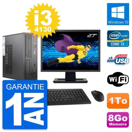 Ordinateur de bureau Fujitsu E520 DT avec écran 27'', processeur Intel Core i3-4130, 8 Go RAM, disque dur 1 To, Windows 10 et WiFi