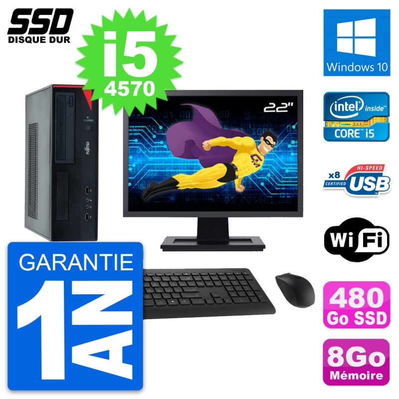 Fujitsu E520 DT 22" Screen, Intel i5-4570, 8GB RAM, 480GB SSD, Windows 10, WiFi
