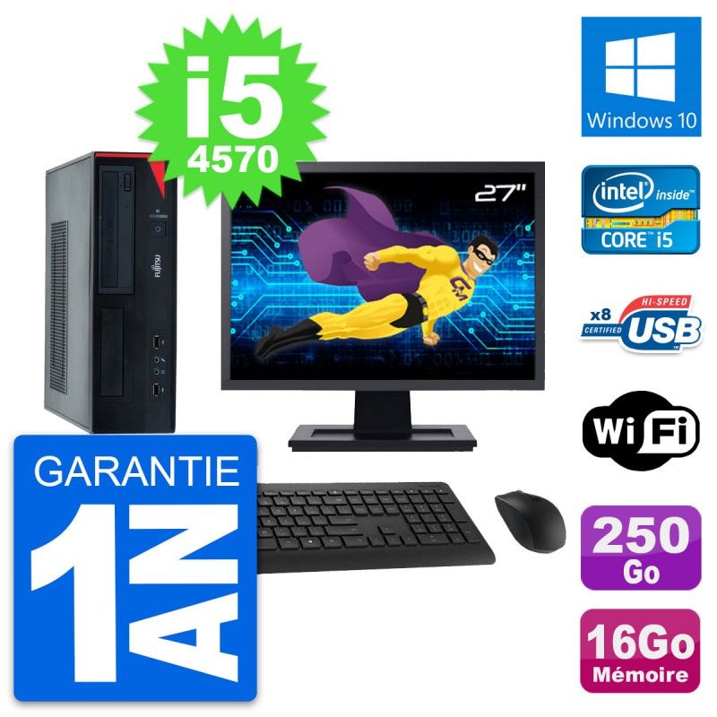 Fujitsu E520 DT 27" Screen, Intel i5-4570, 16GB RAM, 250GB Disk, Windows 10, WiFi