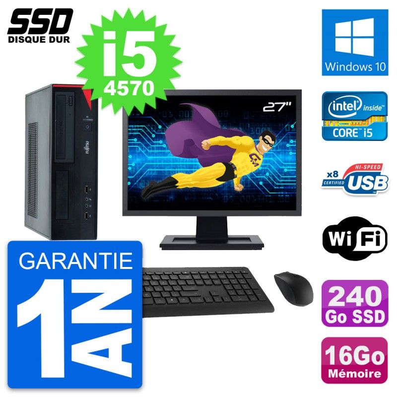 Fujitsu E520 DT 27" Display, Intel i5-4570, 16GB RAM, 240GB SSD, Windows 10, WiFi