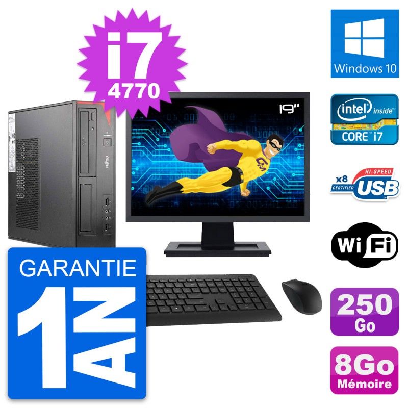 Fujitsu E520 DT 19-inch Screen, Intel i7-4770, 8GB RAM, 250GB Disk, Windows 10, Wifi