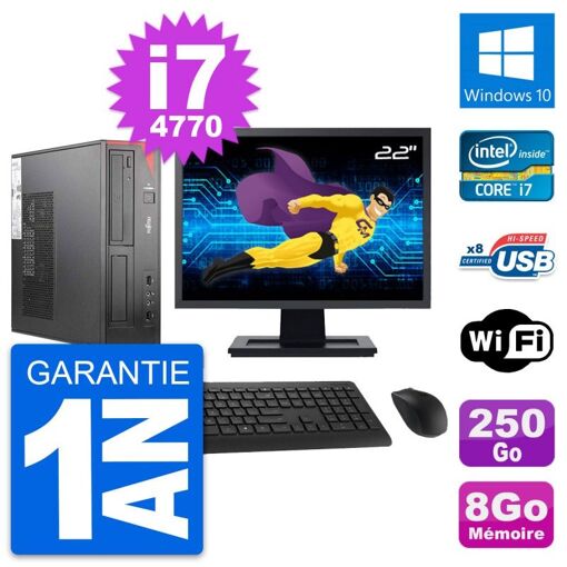 PC de escritorio Fujitsu E520 DT - Pantalla de 22 pulgadas, Intel i7, 8GB RAM, 250GB SSD, Windows 10, WiFi