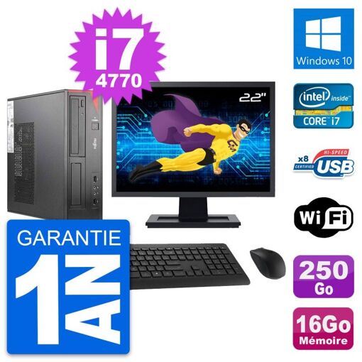 PC de escritorio Fujitsu E520 DT - Pantalla de 22 pulgadas, Intel i7, 16 GB RAM, SSD de 250 GB, Windows 10, WiFi