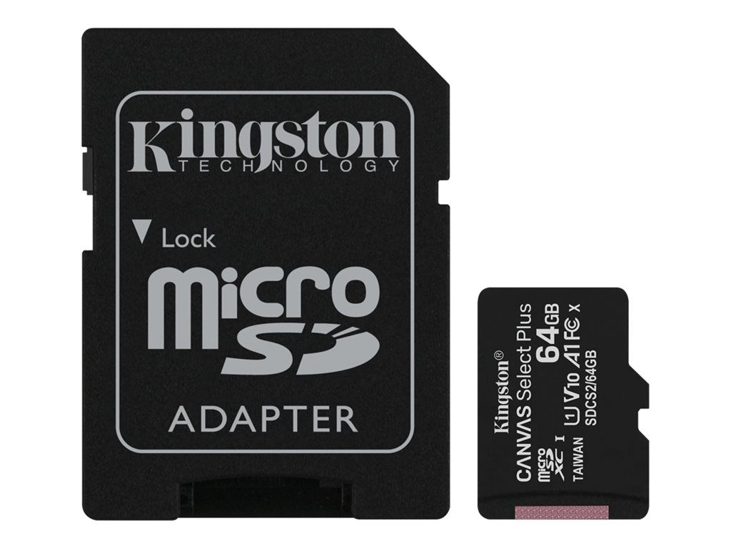 Kingston Canvas Select Plus 64GB MicroSDXC Card (includes SD Adapter) A1/V10/UHS Class 1/Class 10