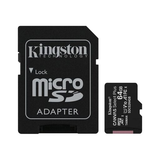 Carte mémoire Kingston Canvas Select Plus 64 Go (adaptateur microSDXC vers SD inclus) A1 / Classe vidéo V10 / Classe UHS 1 / Classe 10