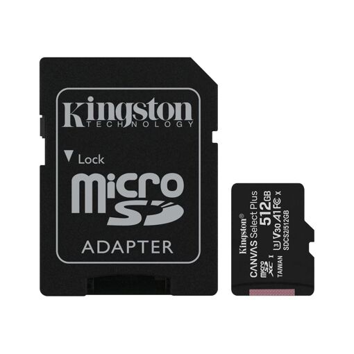 Kingston Canvas Select Plus - 512GB MicroSDXC Card (Included Adapter SD to microSDXC) - A1 / Video Class V30 / UHS Class 3 / Class 10