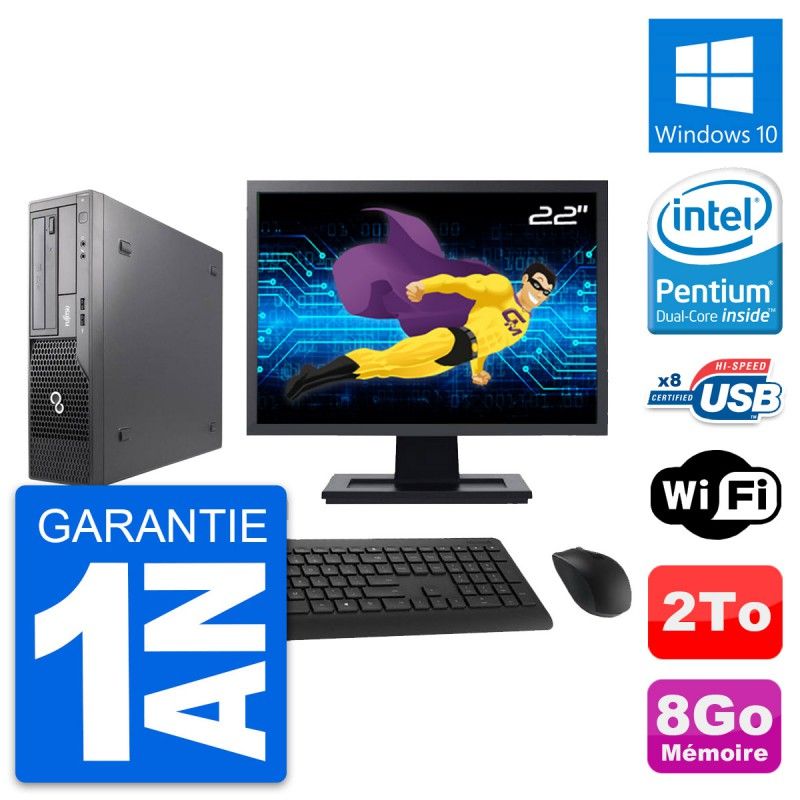 PC de escritorio Fujitsu E500 DT - Pantalla de 22 pulgadas, Intel G630, 8 GB de RAM, disco duro de 2 TB, Windows 10, WiFi