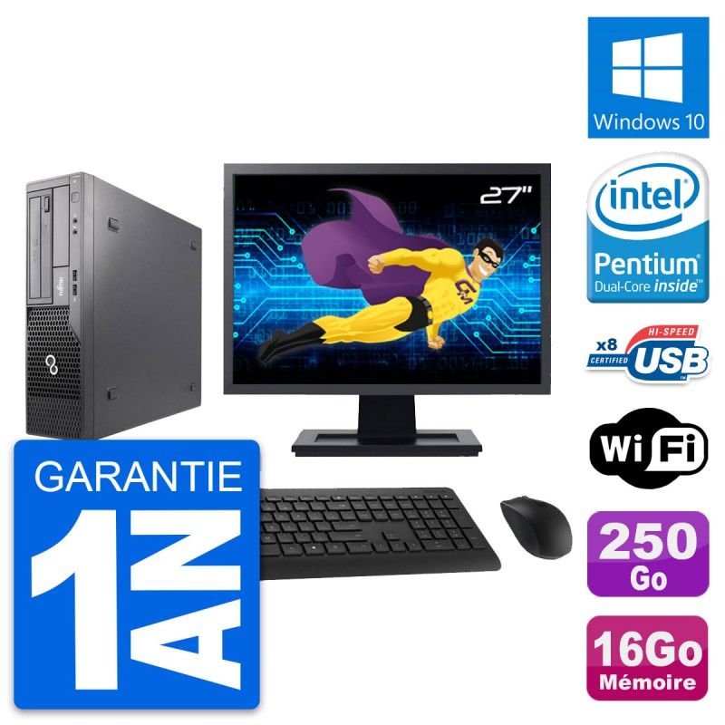 Écran Fujitsu E500 DT 27 pouces avec processeur Intel G630, 16 Go de RAM, disque dur 250 Go, Windows 10, Wi-Fi