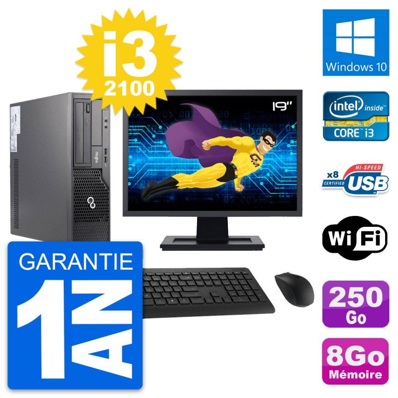 Fujitsu E500 DT 19-inch Computer - Intel i3-2100, 8GB RAM, 250GB HDD, Windows 10, WiFi