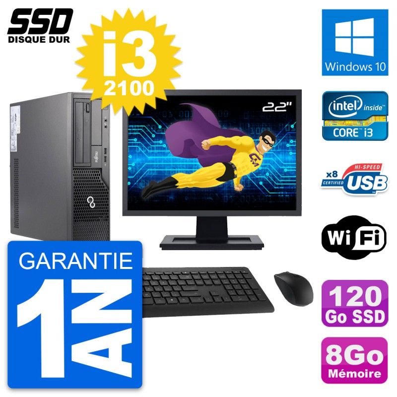 Fujitsu E500 E85+ DT 22-inch Screen i3-2100 8GB RAM 120GB SSD Windows 10 Wifi Desktop Computer