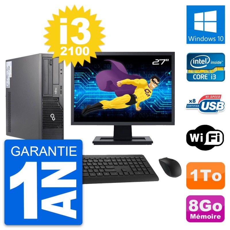 Fujitsu E500 DT 27" Screen, Intel i3-2100, 8GB RAM, 1TB HDD, Windows 10, WiFi