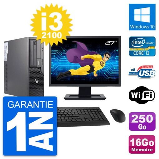 Fujitsu E500 DT 27-inch Screen, Intel i3-2100, 16GB RAM, 250GB Disk, Windows 10, WiFi