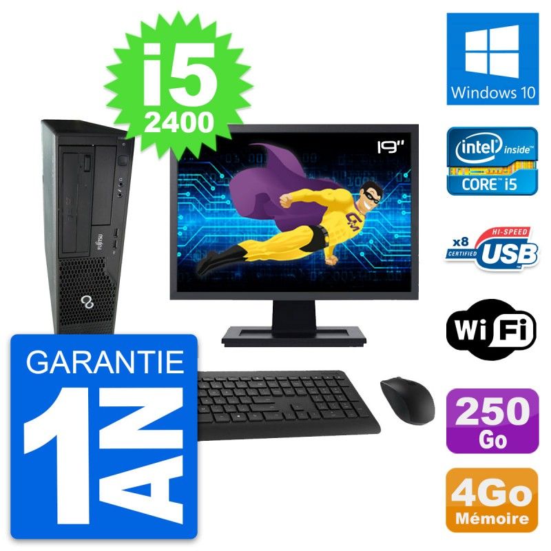 Fujitsu E500 DT 19-inch Screen, Intel i5-2400, 4GB RAM, 250GB Disk, Windows 10, WiFi