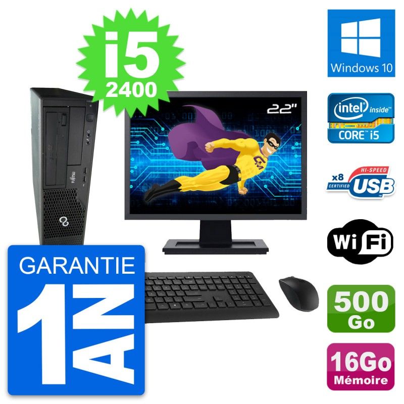 Fujitsu E500 DT 22-inch Screen, Intel i5-2400, 16GB RAM, 500GB Hard Drive, Windows 10, WiFi