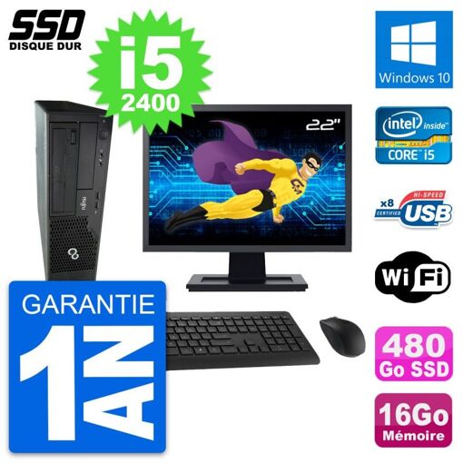 Fujitsu E500 E85+ DT 22-inch Screen i5-2400 16GB RAM 480GB SSD Windows 10 Wifi Desktop PC