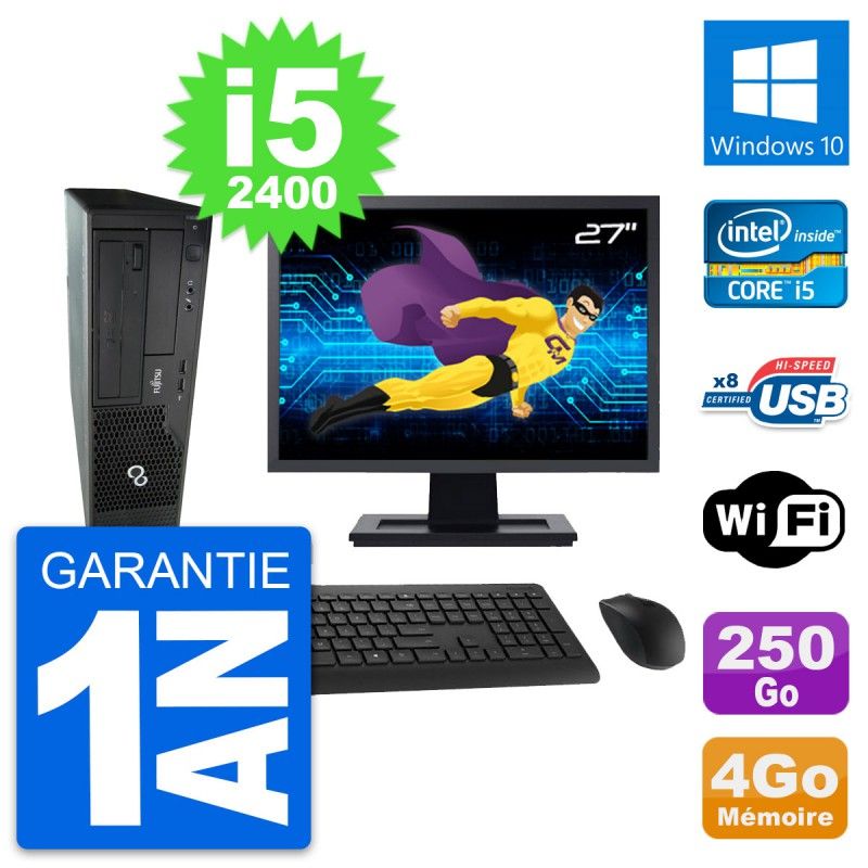 Fujitsu E500 DT 27-inch Screen, Intel i5-2400, 4GB RAM, 250GB Hard Drive, Windows 10, WiFi