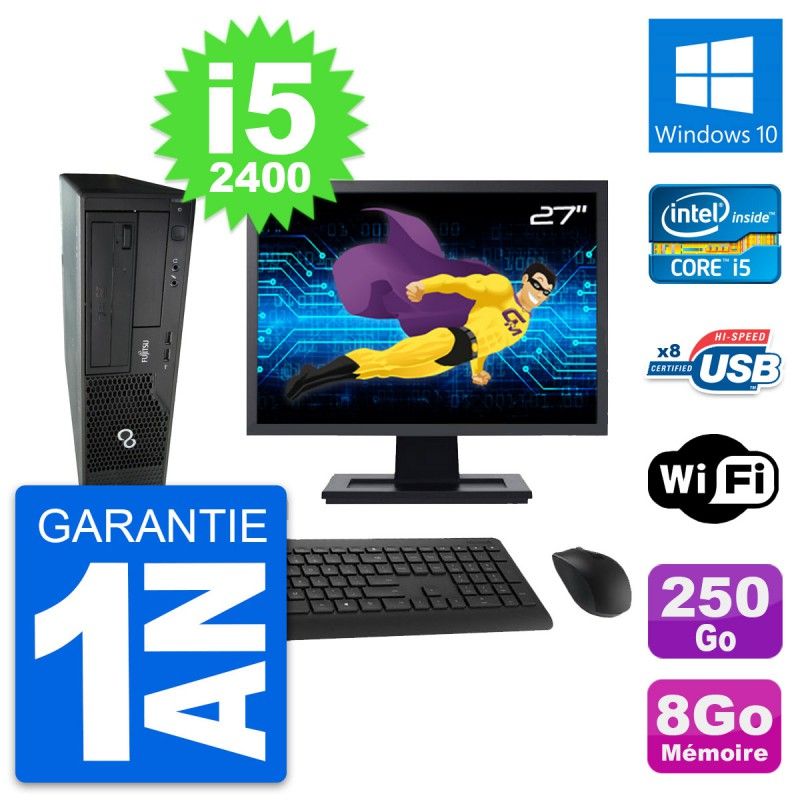Fujitsu E500 DT 27" Screen, Intel i5-2400, 8GB RAM, 250GB HDD, Windows 10, Wifi