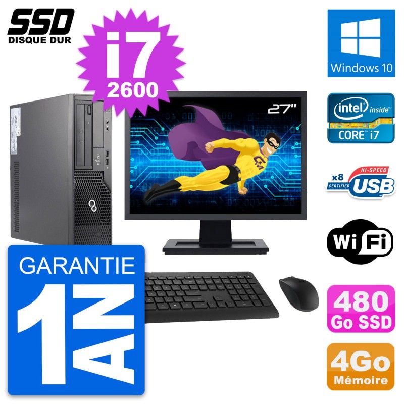 Fujitsu E500 E85+ DT 27-inch Screen i7-2600 4GB RAM 480GB SSD Windows 10 Wifi Desktop PC