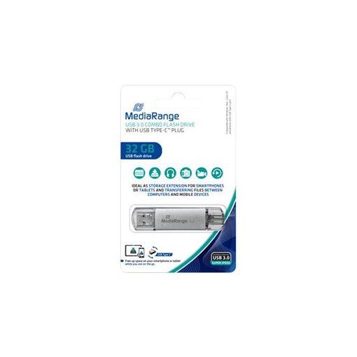 MediaRange 32GB USB 3.1/USB-C Flash Drive - Silver