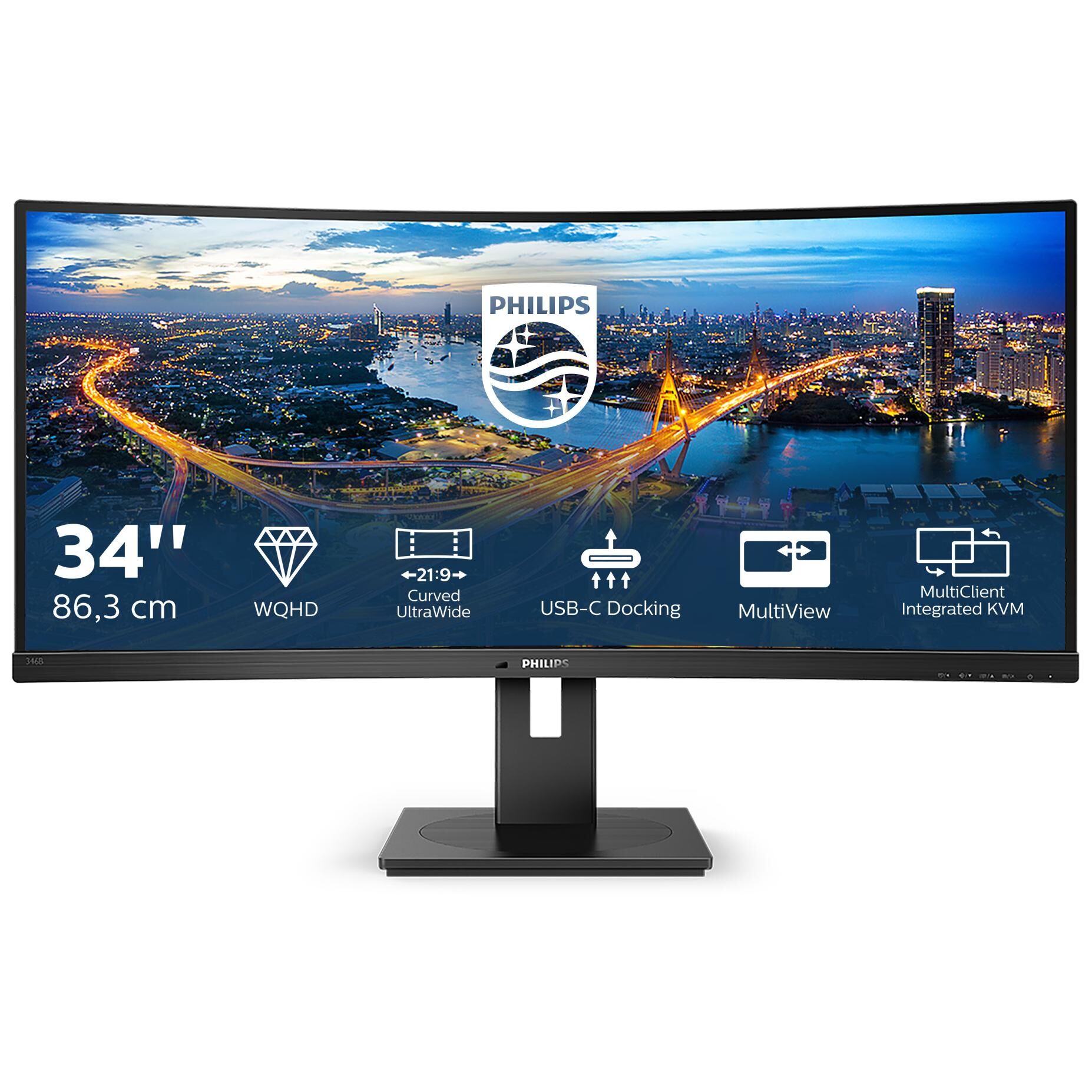 Philips B Line 346B1C - Écran LED - incurvé - 34" - 3440 x 1440 UWQHD @ 100 Hz - VA - 300 cd/m² - 3000:1 - 5 ms - HDMI, DisplayPort, USB-C - haut-parleurs - texture noire