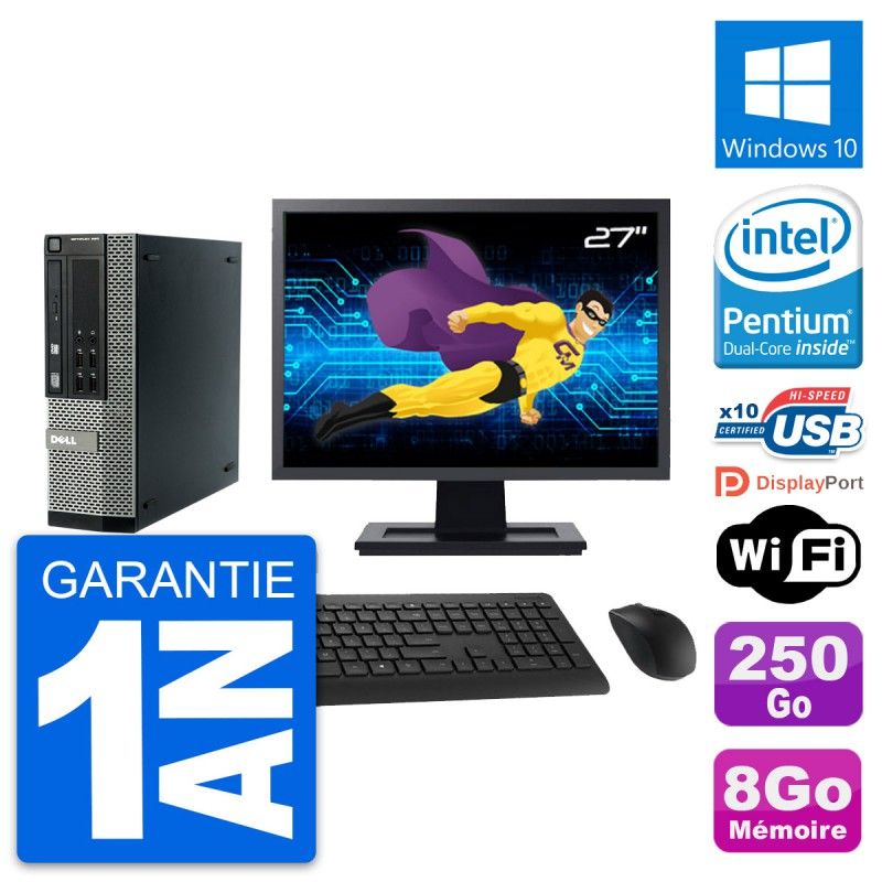 Dell Optiplex 990 SFF Desktop Computer - 27" Screen, Intel Pentium G840, 8GB RAM, 250GB HDD, Windows 10, WiFi
