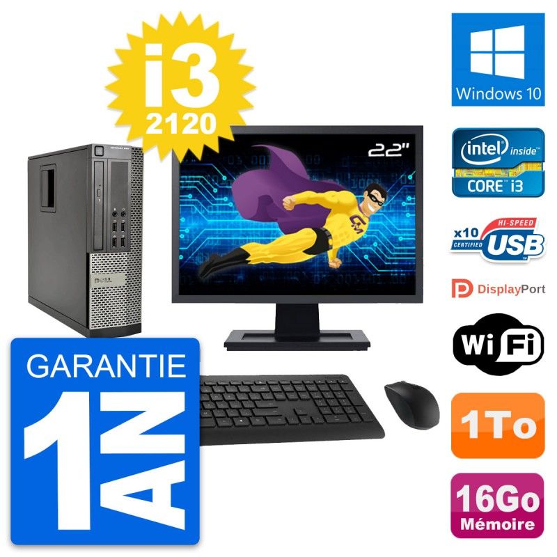 Dell Optiplex 990 SFF Computer - 22" Screen, Intel i3-2120, 16GB RAM, 1TB HDD, Windows 10, WiFi