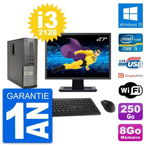 Dell Optiplex 990 SFF PC - 27" Screen, Intel i3-2120, 8GB RAM, 250GB HDD, Windows 10, WiFi