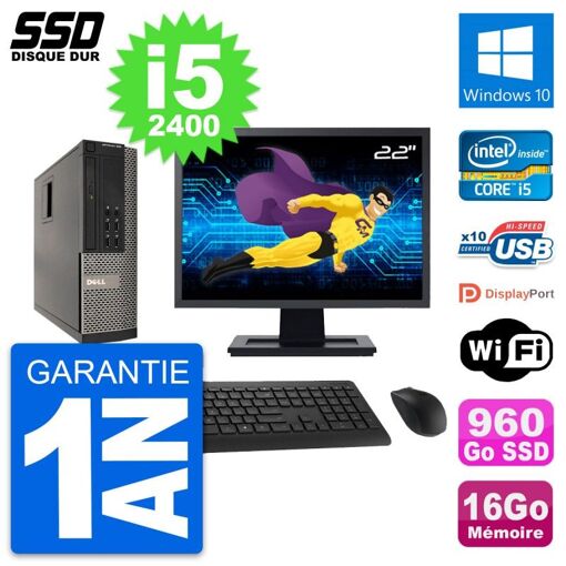 Dell OptiPlex 990 SFF Computer, 22" Screen, i5-2400, 16GB RAM, 960GB SSD, Windows 10, Wifi