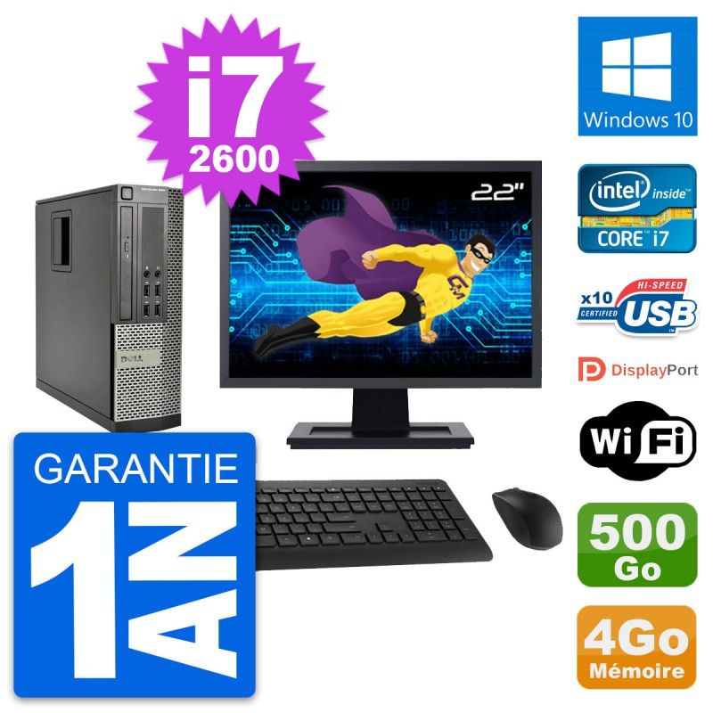 Dell Optiplex 990 SFF Computer - 22" Screen, Intel i7-2600, 4GB RAM, 500GB HDD, Windows 10, WiFi