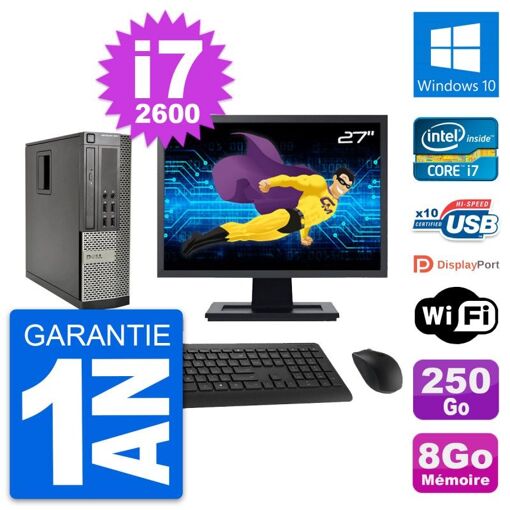 Dell Optiplex 990 SFF Computer - 27" Screen, Intel i7-2600, 8GB RAM, 250GB HDD, Windows 10, WiFi