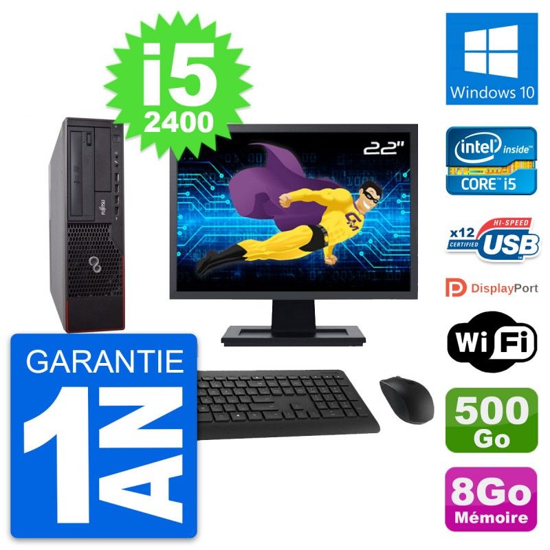 Fujitsu E700 DT 22-inch Display, Intel i5-2400, 8GB RAM, 500GB HDD, Windows 10, WiFi