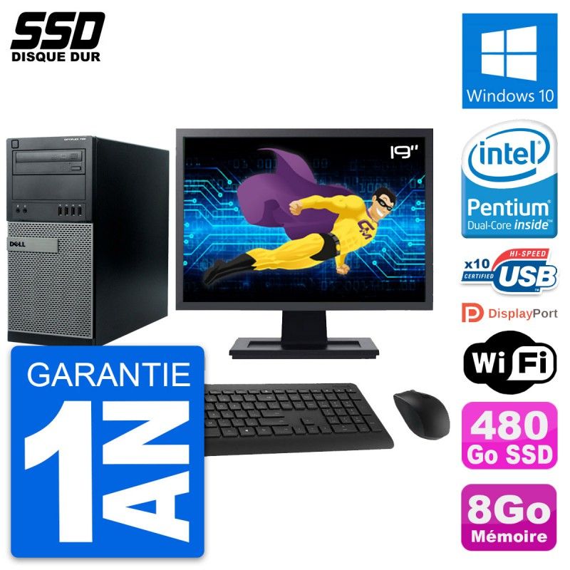 Dell Optiplex 790 MT Desktop Computer - 19" Screen, Intel Pentium G630, 8GB RAM, 480GB SSD, Windows 10, WiFi