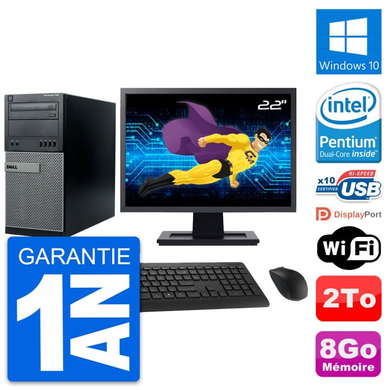 Dell Optiplex 790 MT Desktop PC - 22" Screen, Intel Pentium G630, 8GB RAM, 2TB HDD, Windows 10, WiFi