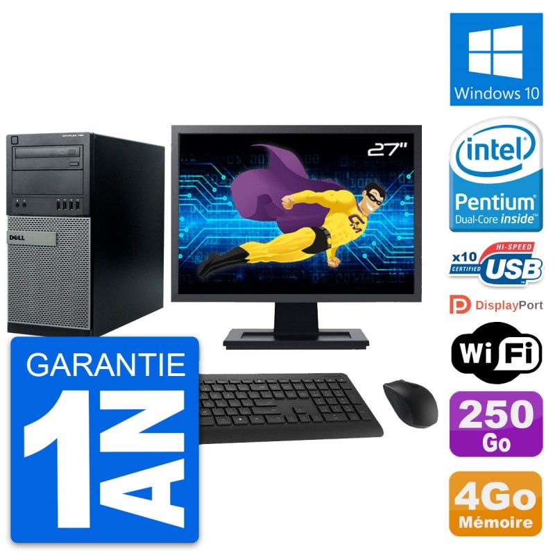 Dell Optiplex 790 MT Desktop Computer, 27" Screen, Intel G630, 4GB RAM, 250GB Hard Drive, Windows 10, WiFi