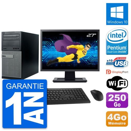Dell Optiplex 790 MT Desktop Computer, 27" Screen, Intel G630, 4GB RAM, 250GB Hard Drive, Windows 10, WiFi