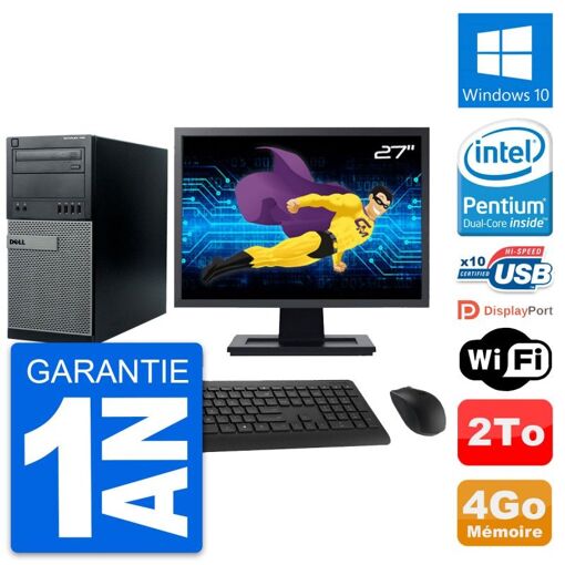 Dell Optiplex 790 MT Desktop Computer, 27" Screen, Intel Pentium G630, 4GB RAM, 2TB Hard Drive, Windows 10, Wi-Fi