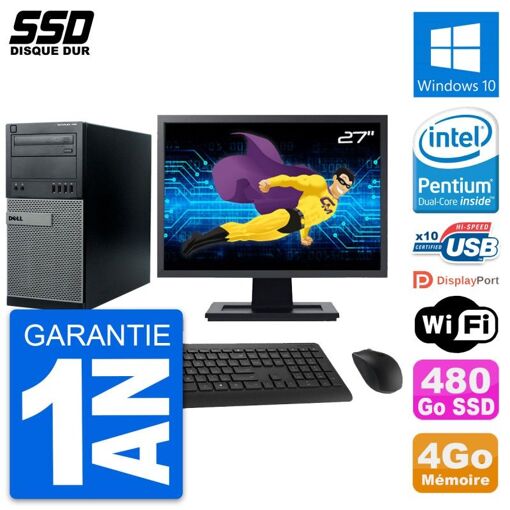 Dell Optiplex 790 MT Desktop PC - 27" Screen, Intel G630, 4GB RAM, 480GB SSD, Windows 10, WiFi
