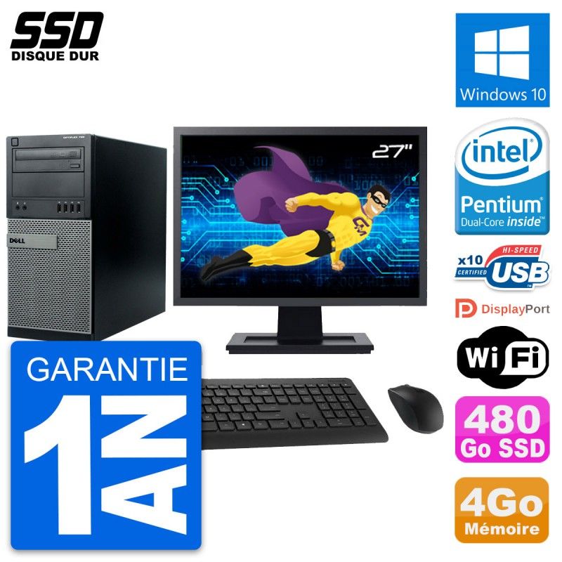 Dell Optiplex 790 MT Desktop PC - 27" Screen, Intel G630, 4GB RAM, 480GB SSD, Windows 10, WiFi
