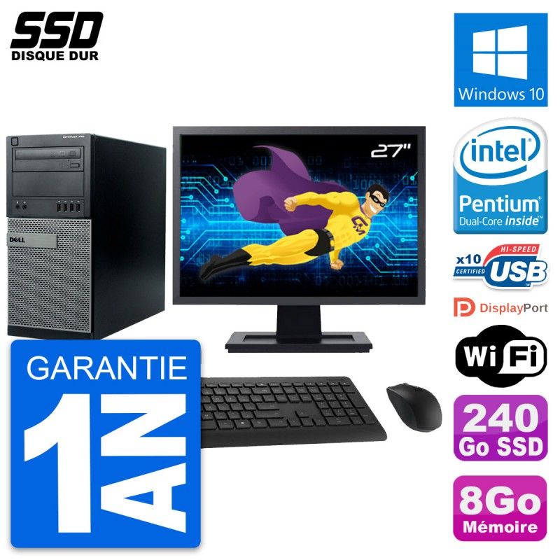 Dell Optiplex 790 MT Desktop PC - 27" Screen, Intel G630, 8GB RAM, 240GB SSD, Windows 10, WiFi