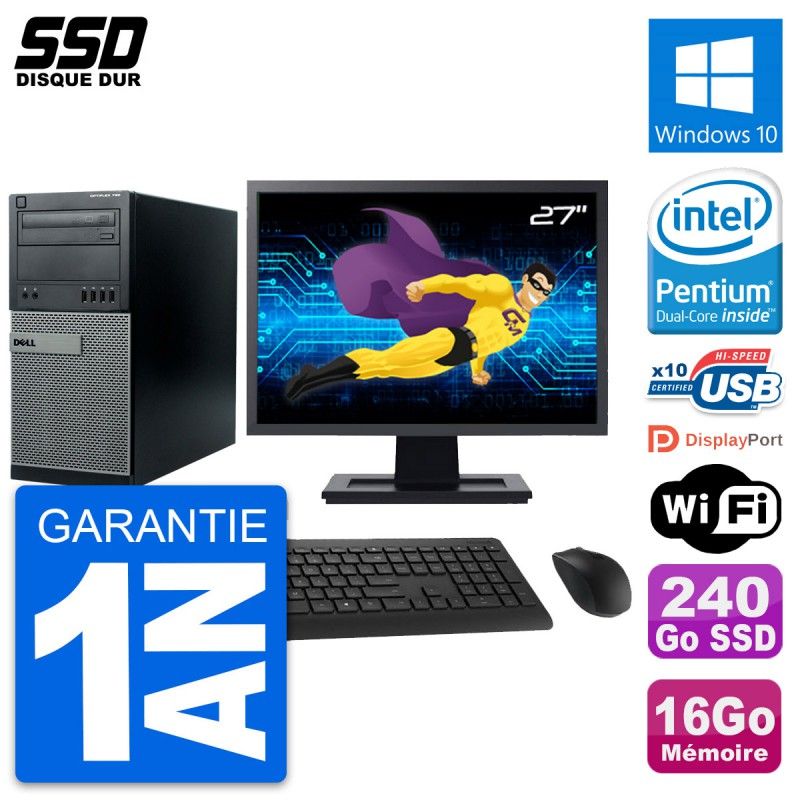 Dell Optiplex 790 MT Desktop Computer, 27" Screen, Intel Pentium G630, 16GB RAM, 240GB SSD, Windows 10, WiFi