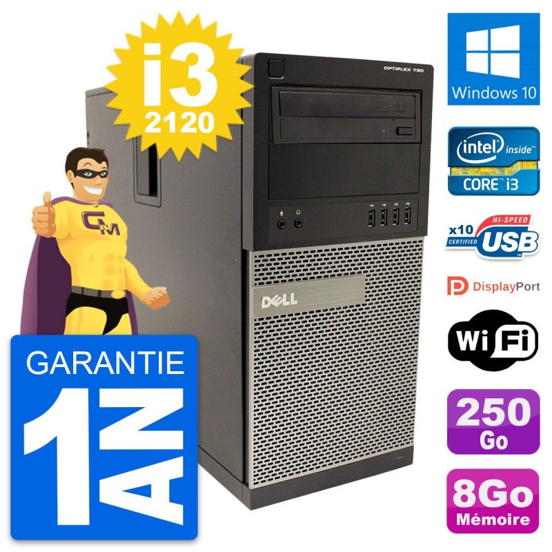 Ordinateur de bureau Dell OptiPlex 790 MT - Processeur Intel i3-2120, 8 Go de RAM, disque dur 250 Go, Windows 10, WiFi