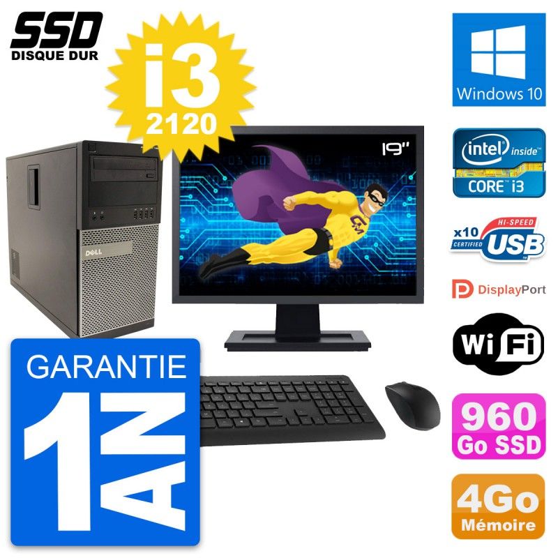 Dell Optiplex 790 MT Desktop PC - 19" Screen, Intel i3-2120, 4GB RAM, 960GB SSD, Windows 10, WiFi